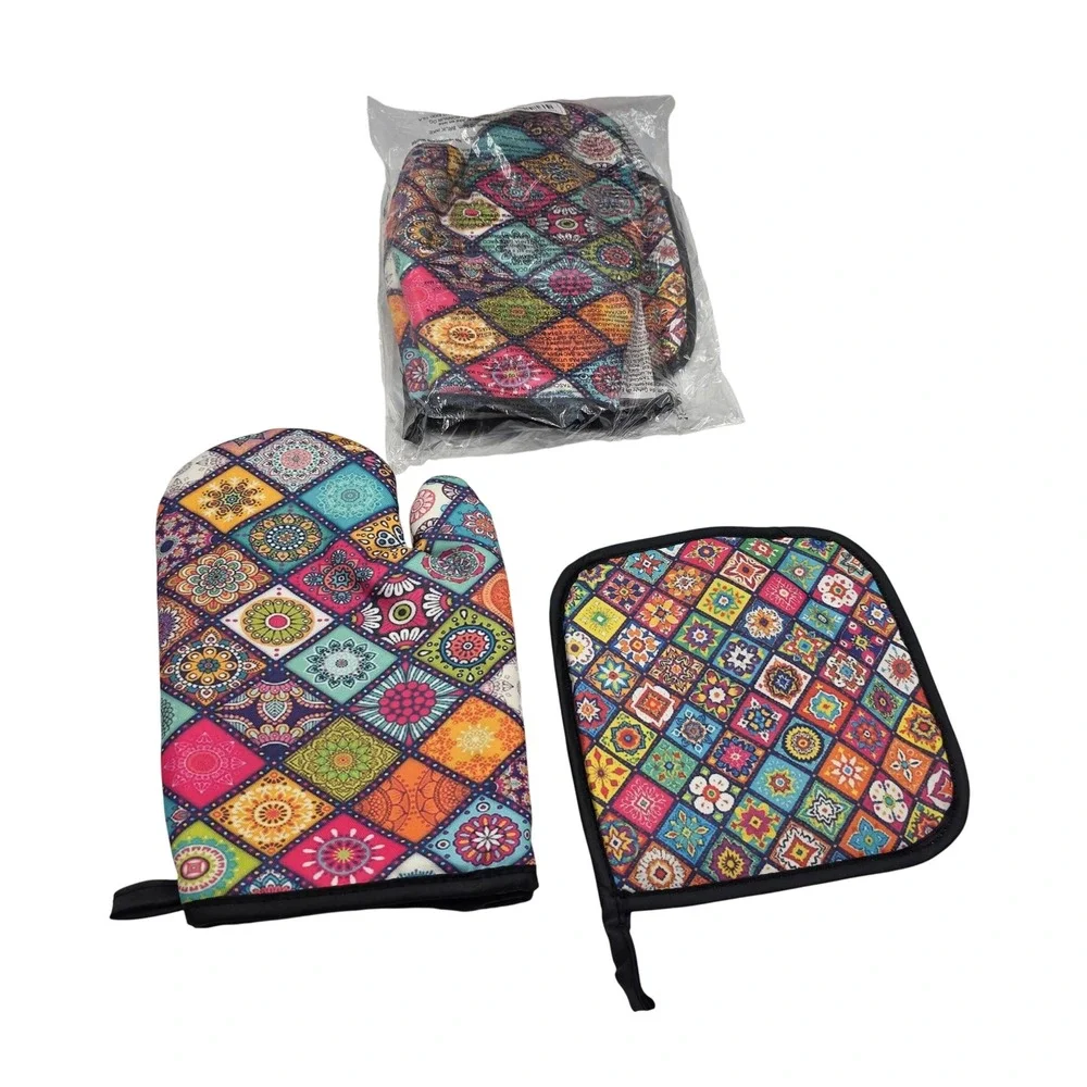 Mandala Patchwork Oven Mitt and Pot Holder Set 3 Piece Colorful Boho Kitchen L4